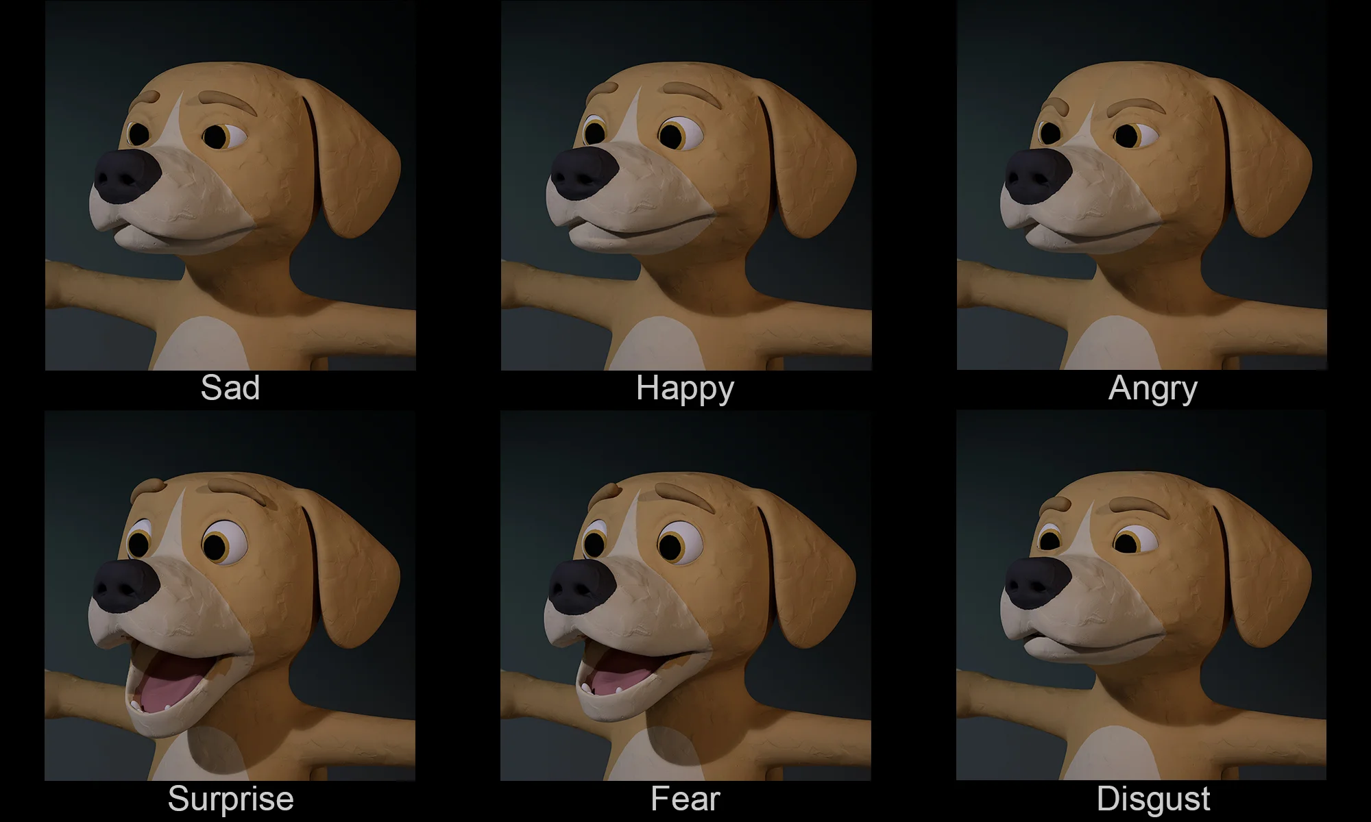 Facial blend shapes showing six expressions