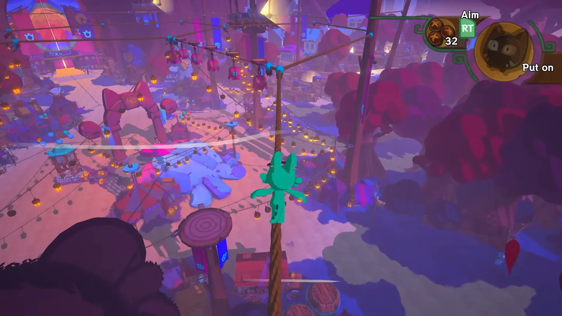 Bunderkin gameplay: tightrope traversal above the town