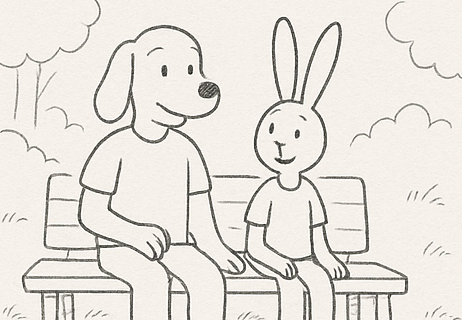 Input storyboard panel showing dog and rabbit characters